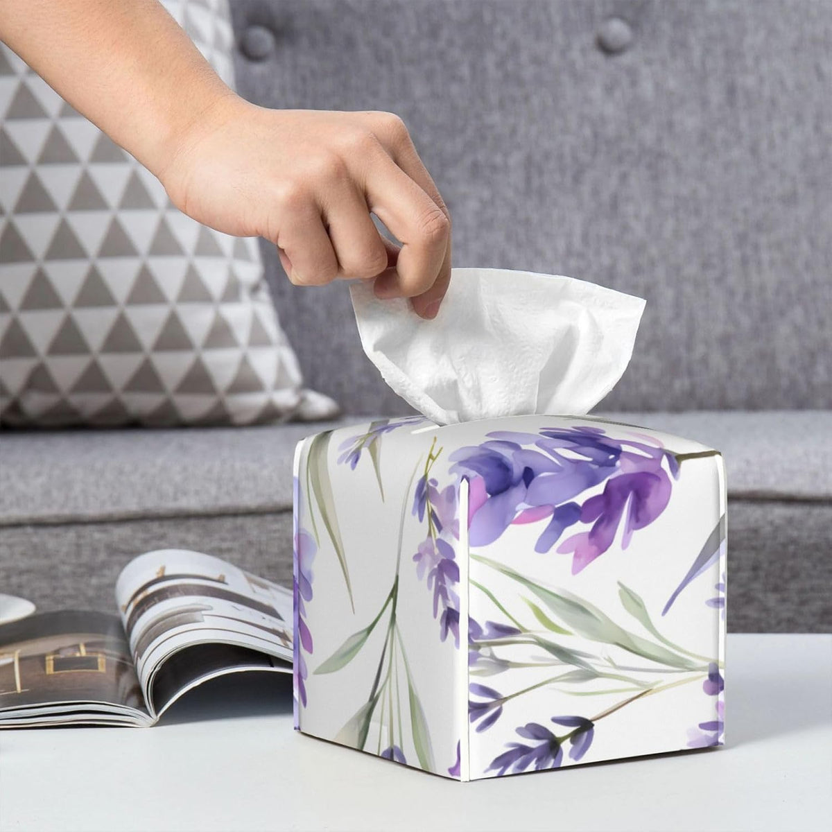 Lavender Flower Tissue Box Cover, Purple Floral Square Tissue Box Holder PU Leather Tissue Organizer Hand Towel Box Cover Kitchen Desktop Home Office Decorative