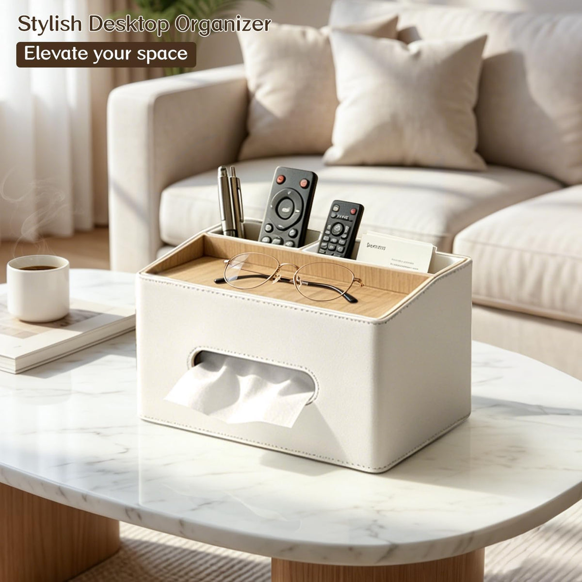 PU Leather Tissue Box Holder Rectangle,Facial Tissue Cover with Tray on Top