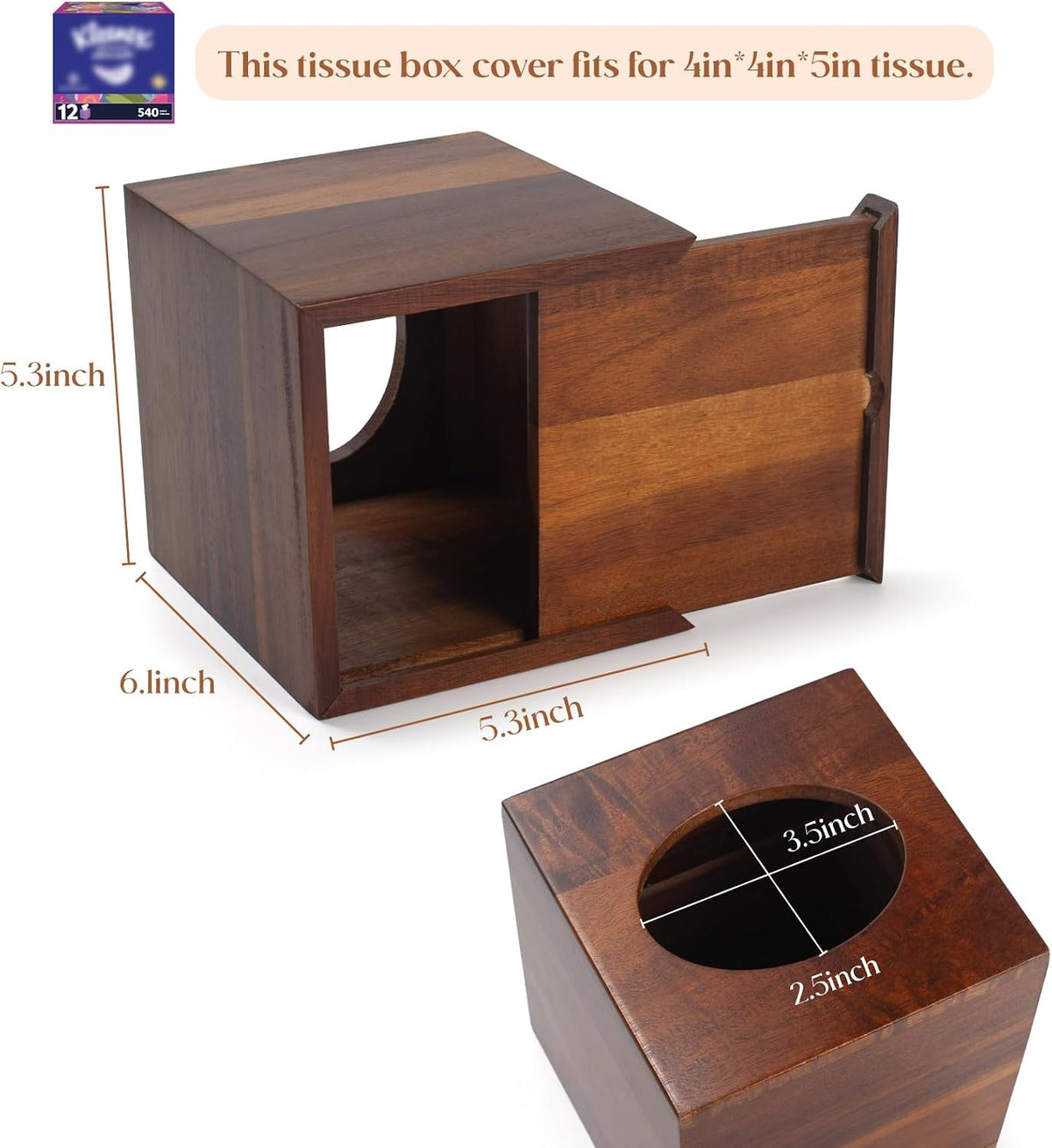 YANGQIHOME Tissue Box Cover Square, Acacia Wood Tissue Holder for Bathroom, Living Room, Dining Table, Decorative Cube Facial Tissue Box Cover, 5.3 x 5.3 x 6.1 inches