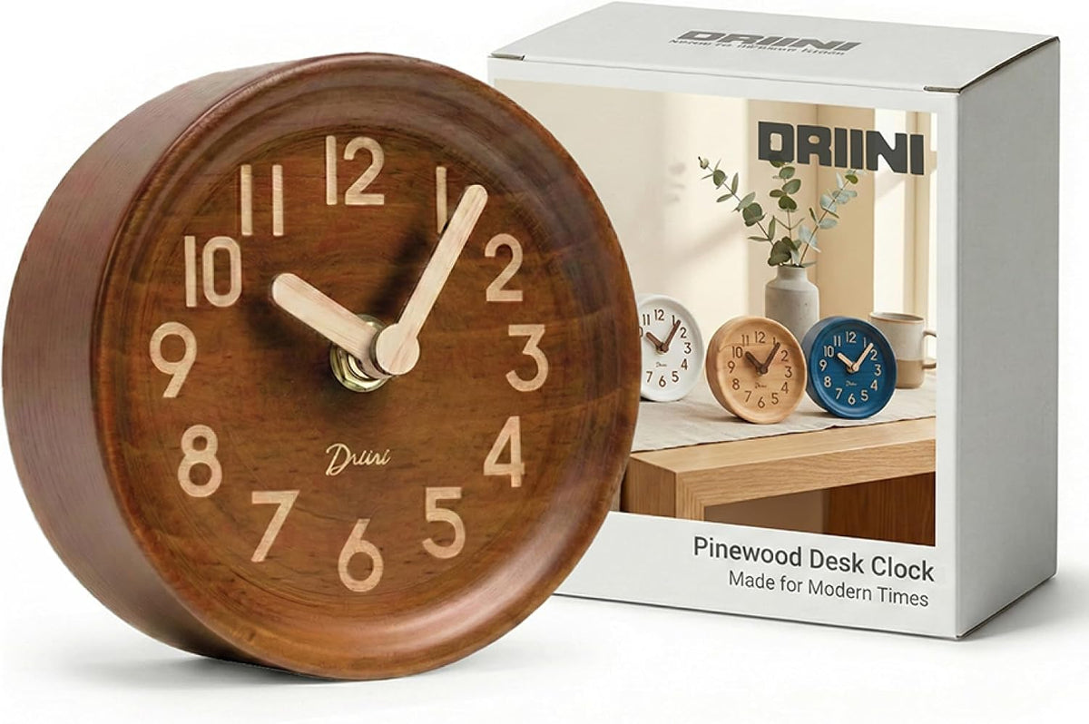 Driini Small, Silent Wooden Analog Desk Clock for Shelf or Table, Dark