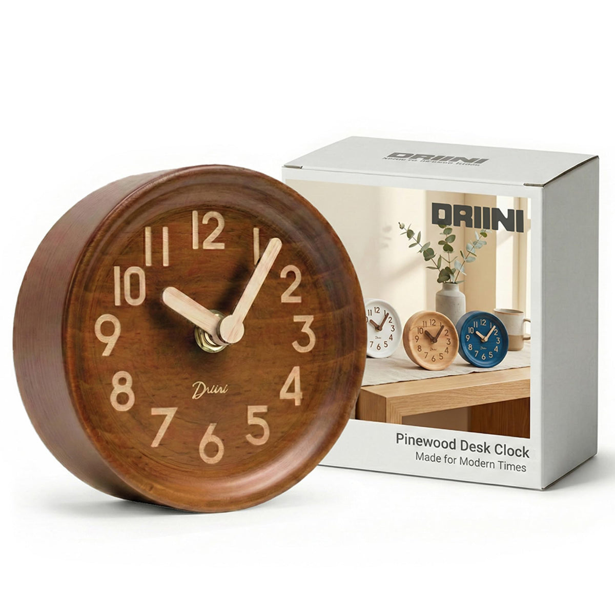 Driini Small, Silent Wooden Analog Desk Clock for Shelf or Table, Dark