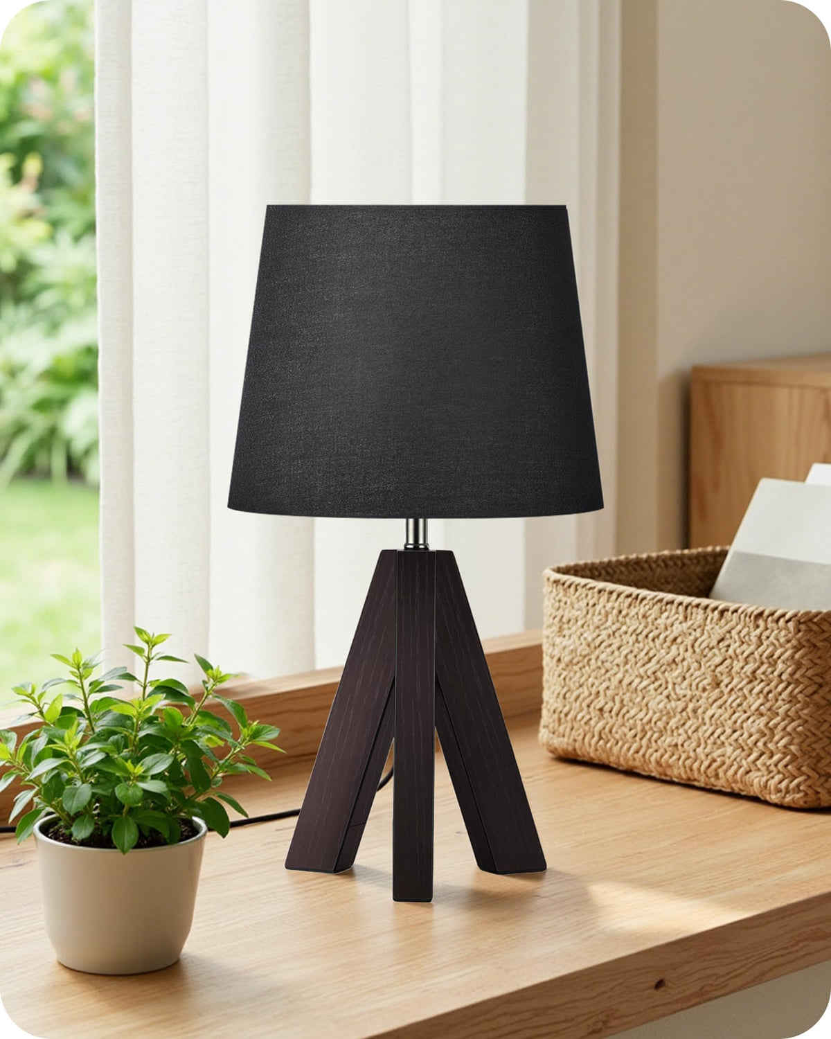 Tripod Table Lamp, 14.6 Inch Small Bedside Lamp with Beige Linen Shade, Modern Nightstand Lamp for Bedroom, Kids Room, Living Room, Nursery, Office, E26 Socket, Dark Wood Base, LE51TL05