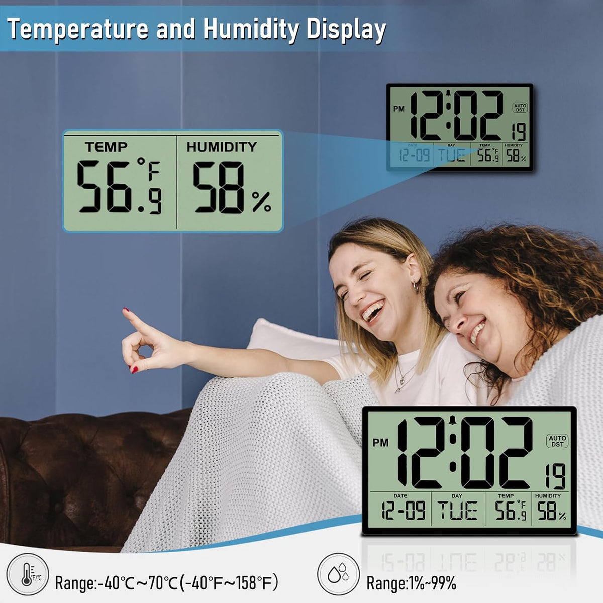 9‘’ Narrow Bezels Battery Operated Digital Wall Clock with Temp & Humidity