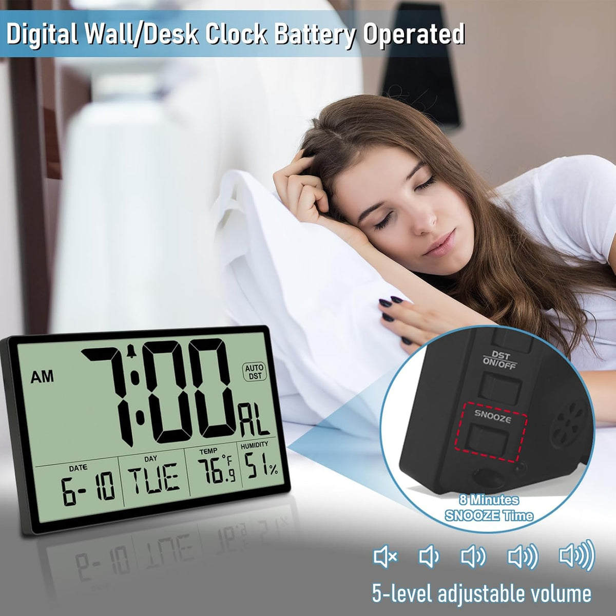 9‘’ Narrow Bezels Battery Operated Digital Wall Clock with Temp & Humidity