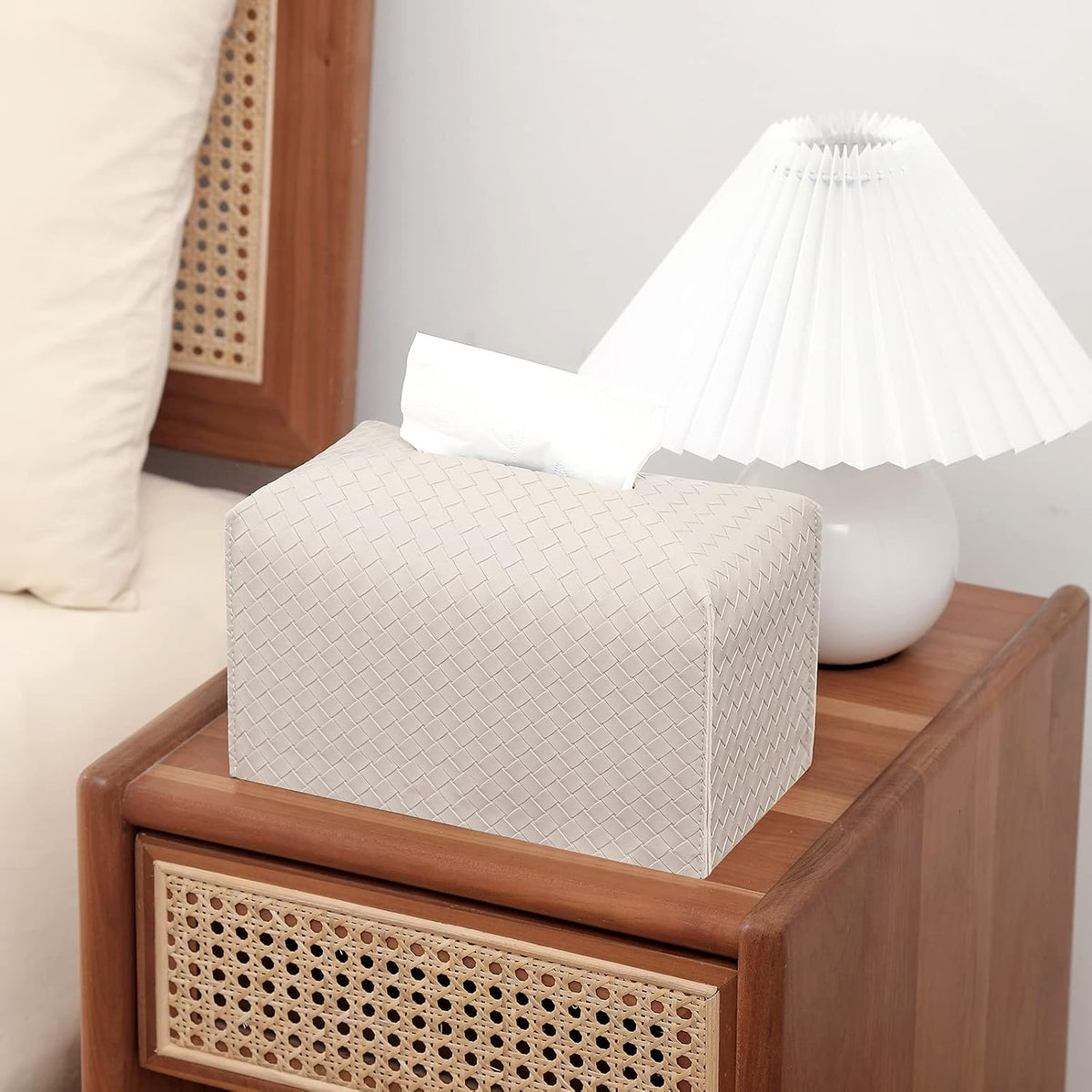 Tissue Box Cover PU Leather Tissue Holder Square Facial Tissue Case Facial Paper Organizer Dispenser for Bathroom, Vanity Countertop, Tabletop, Car, Rectangle, Griege