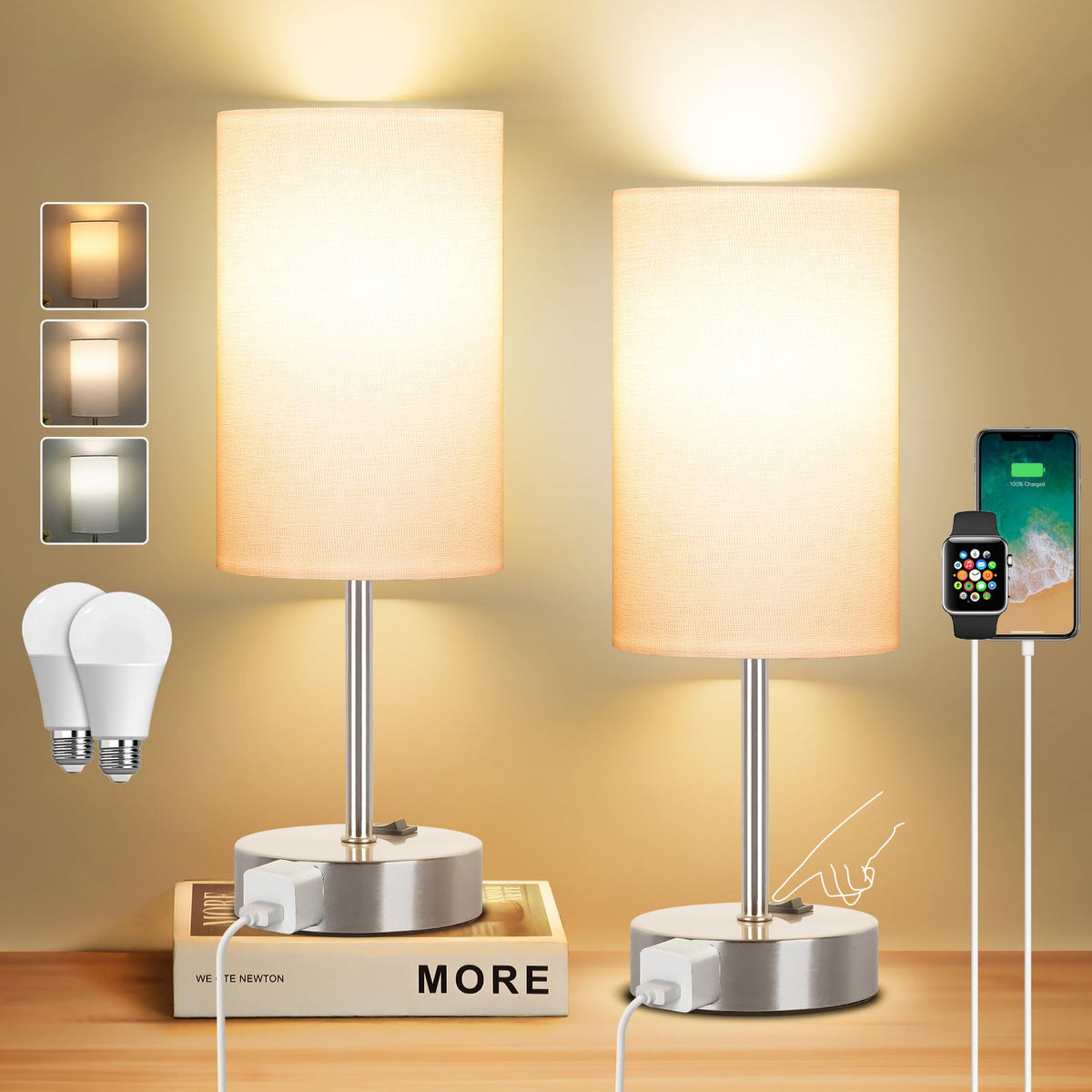 ZJOJO Table Lamp Set of 2, 13.8" Bedside Small Lamp for Bedroom Nightstand