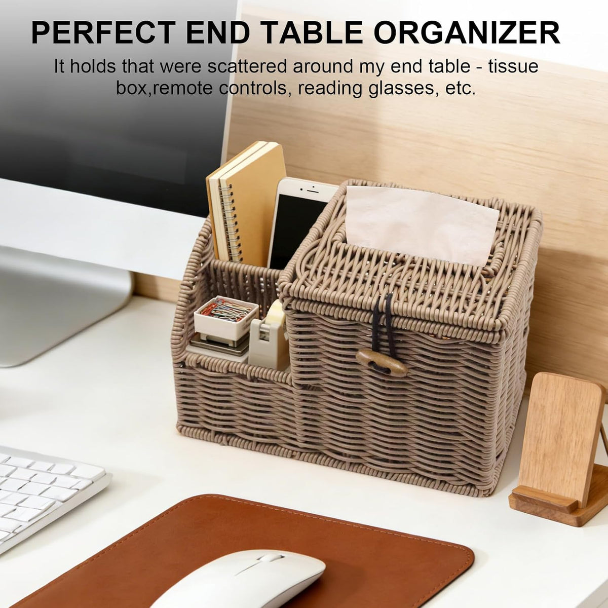 Woven Tissue Box Cover Square, Tissue Box Holder, Tissue Box Cover with Storage, Tissue Box Holder Remote Organizer, Bedside Nightstand Organizer for Bedroom/Bathroom/Office/Kitchen Countertop