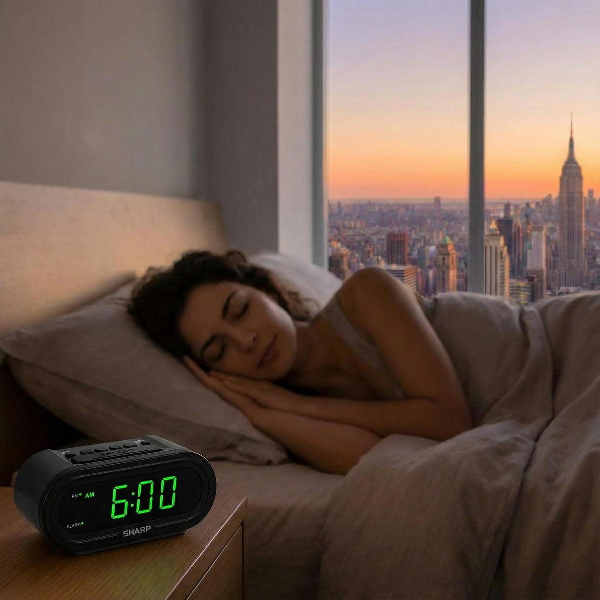 Sharp AccuSet Self-Setting Alarm Clock with Auto DST, Green LED