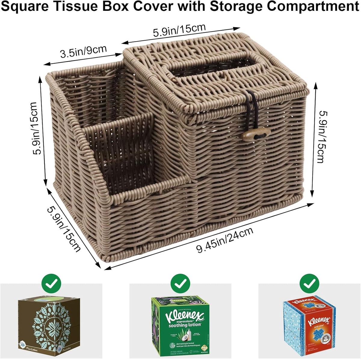 Woven Tissue Box Cover Square, Tissue Box Holder, Tissue Box Cover with Storage, Tissue Box Holder Remote Organizer, Bedside Nightstand Organizer for Bedroom/Bathroom/Office/Kitchen Countertop