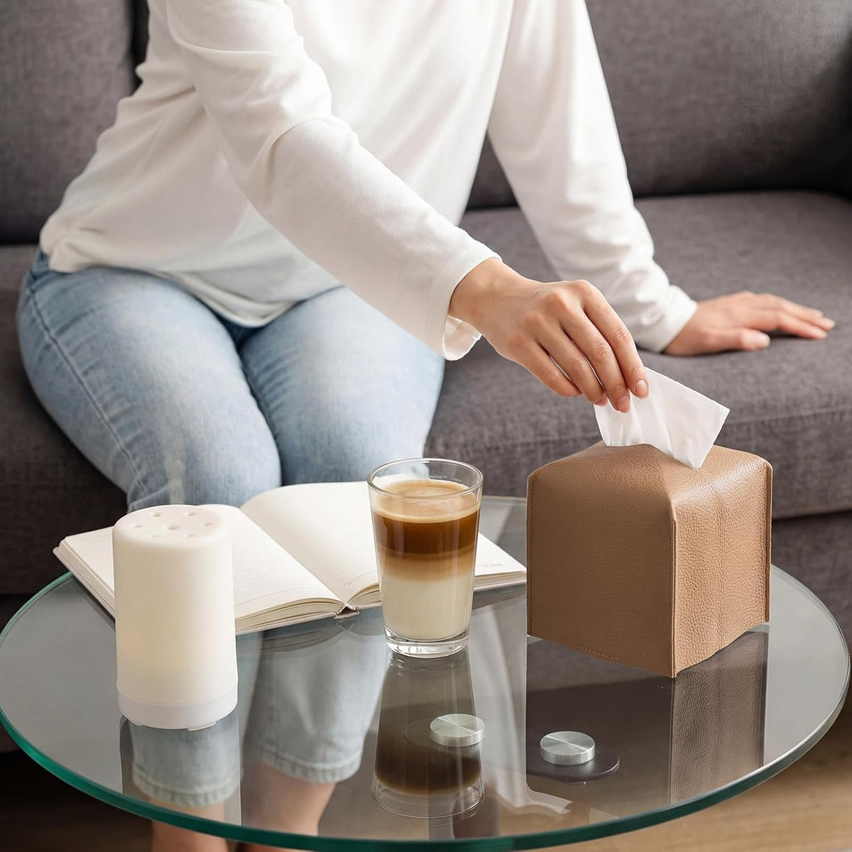 3 Pcs Tissue Box Cover Square PU Leather Tissue Box, Caramel Color