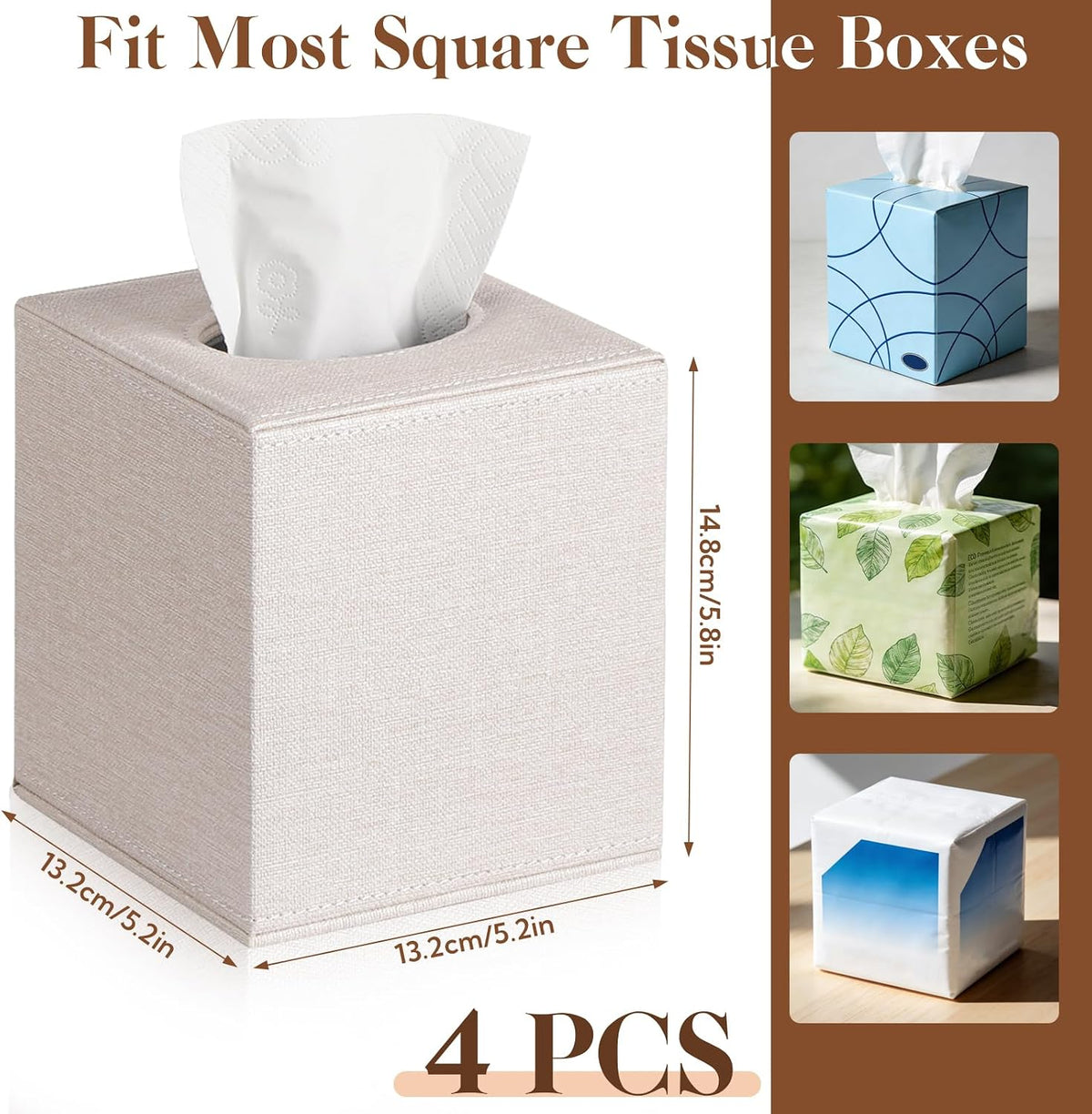 VZZNN 4 Pack Tissue Box Cover Square - Modern Cube Tissue Holder with Magnetic Base, Decorative Tissue Organizer for Bathroom Vanity, Dresser, Countertop, Bedroom, Office, and Car, Beige