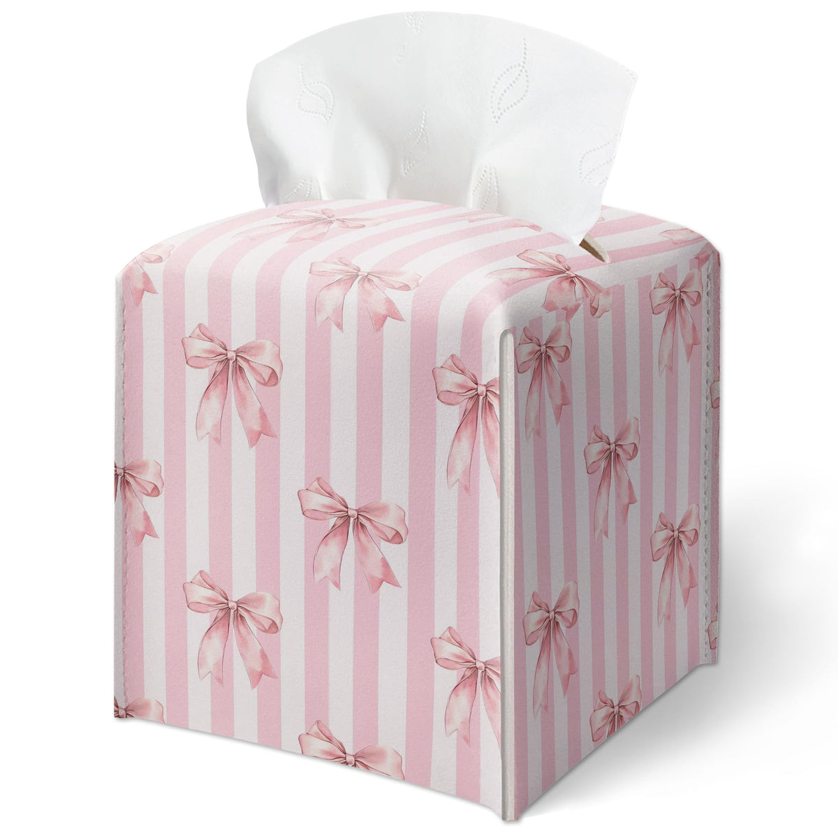 Pink Bow Stripes Tissue Box Cover, Cute Preppy Leather Tissue Box-Waterproof, Aesthetic Home Decor for Desktop Living Room Vanity Office, Gift Idea for Women & Friend, 5 x 5 Inches-A14