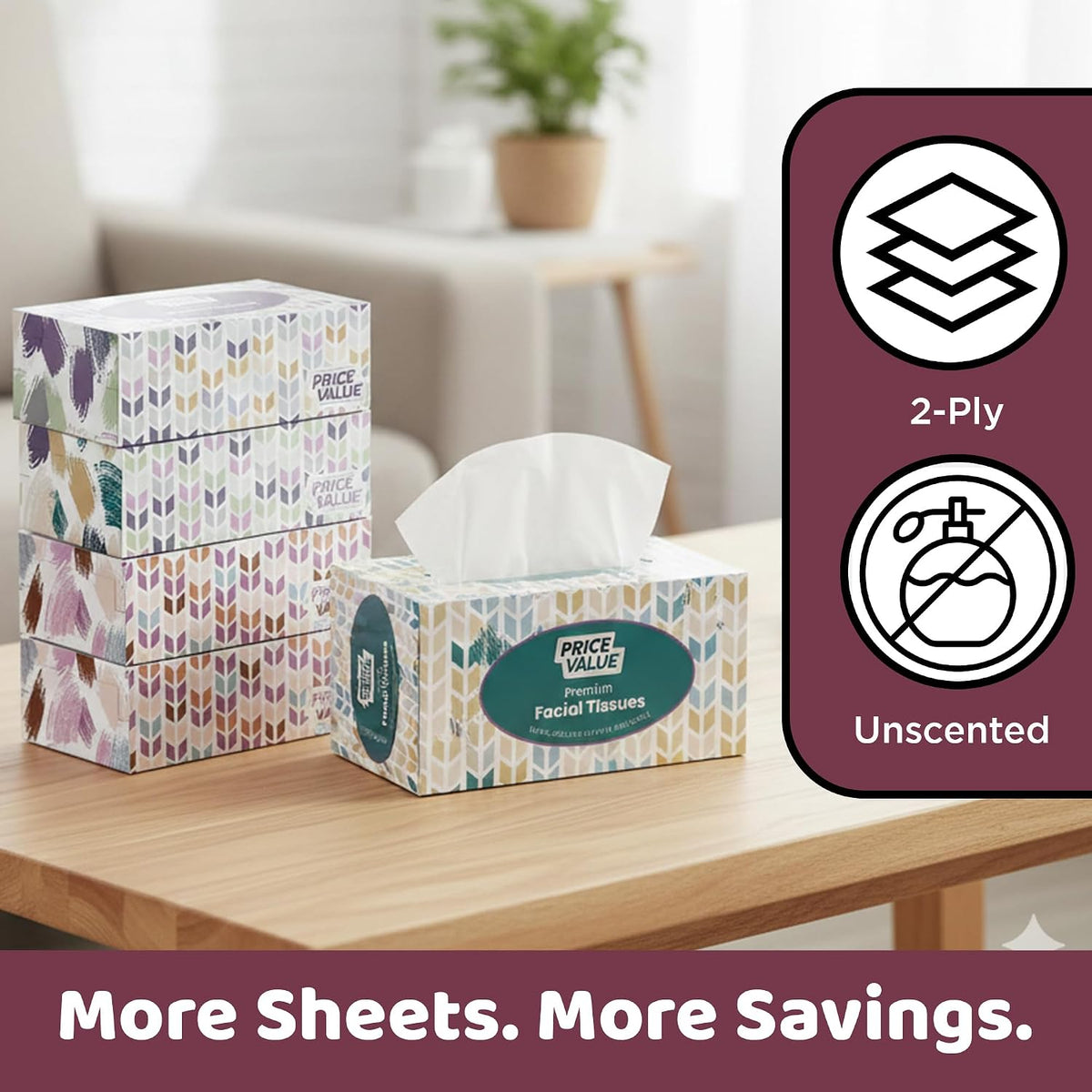 Price Value Facial Tissues Cube Boxes, Soft 2-Ply, 230 Sheets, 4 Pack