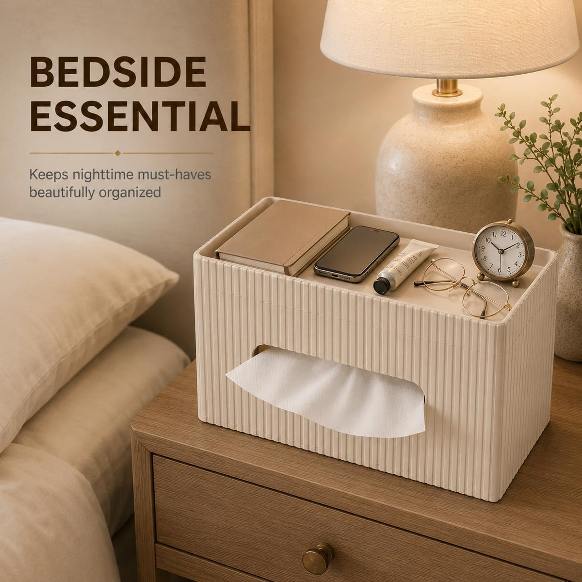 KINGFOM Ribbed PU Leather Tissue Box Cover with Storage Tray, Rectangular Facial Tissue Holder for Bathroom Vanity, Nightstand & Office Desk, Modern Decorative Tissue Dispenser (Warm Beige)