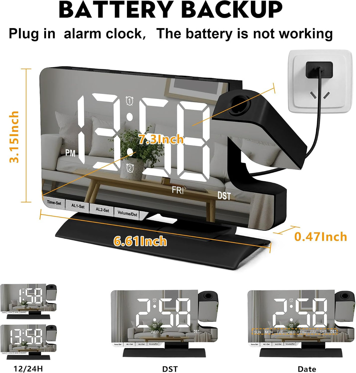 Amgico Projection Alarm Clock,Digital Clock with Projection,7.3" Mirror Clock with 180°Rotating Projector,Dual Alarm with 3 Mode,Bright Adjust,DST,Snooze,Charging Port,5 Levels Volume for Desk Teens