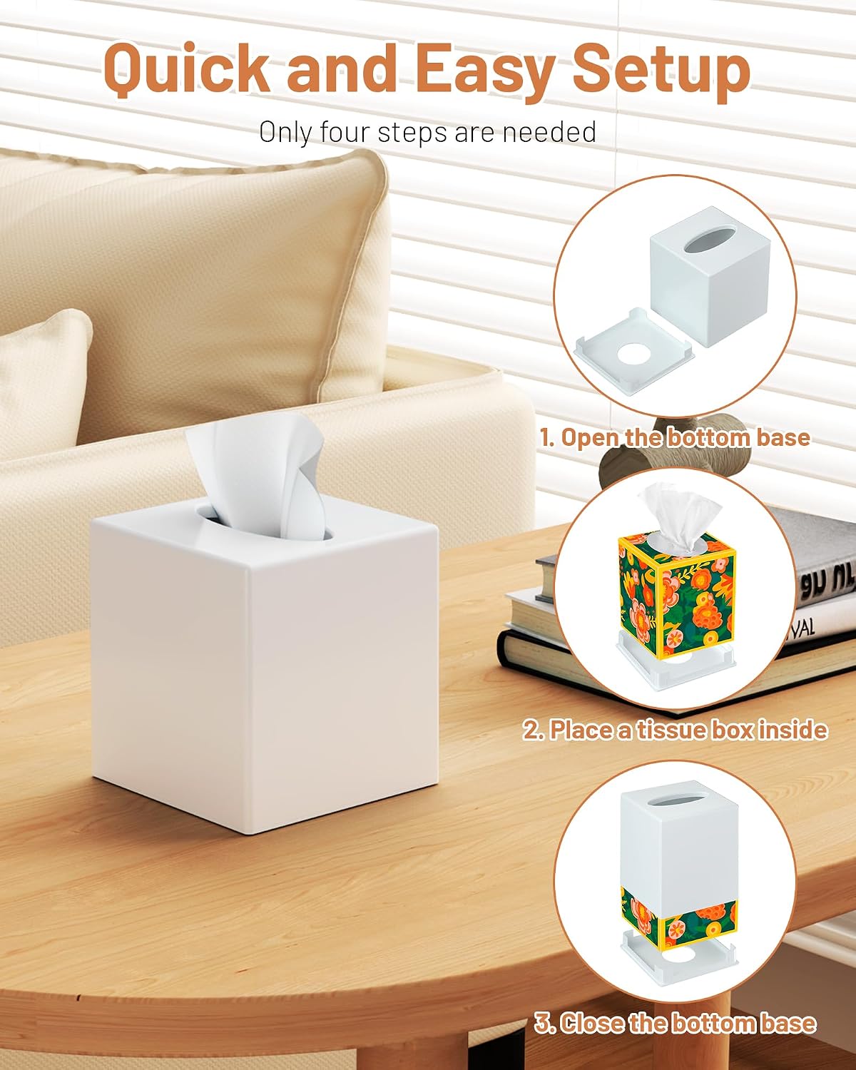 Tissue Box Cover, Square Plastic Tissue Box Holder with Anti Slip Base, Modern Decor Facial Napkin Holder for Bathroom Vanity Countertop, Bedroom Dresser, Night Stand, Parlors, Offices, White
