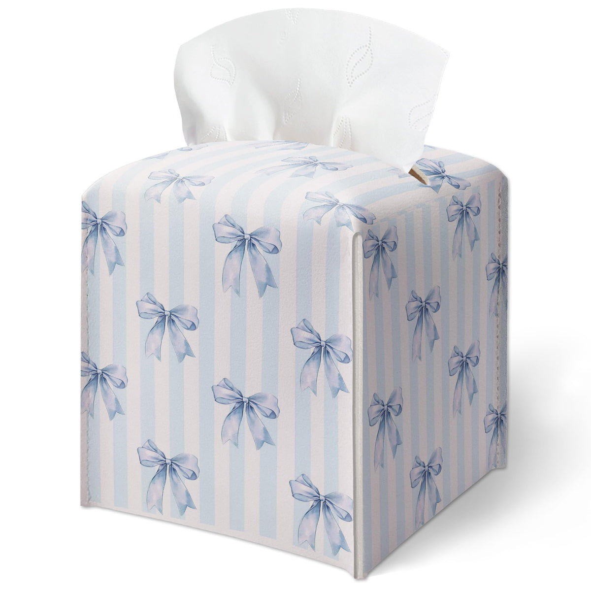 Pink Bow Stripes Tissue Box Cover, Cute Preppy Leather Tissue Box-Waterproof, Aesthetic Home Decor for Desktop Living Room Vanity Office, Gift Idea for Women & Friend, 5 x 5 Inches-A14