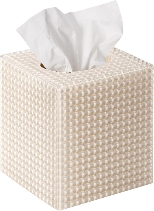 Tissue Box Cover, Square Acrylic Tissue Holder for Bathroom Vanity, Beige