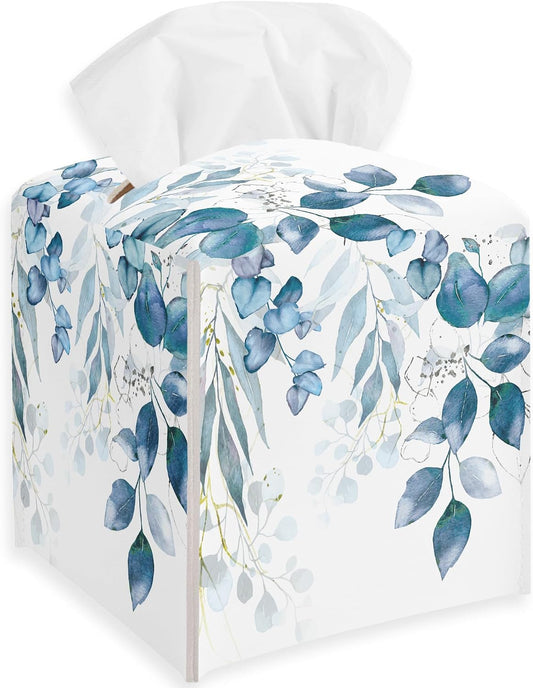 Vintage Blue and White Floral Tissue Box Cover, Floral Leather Tissue Box Holder Square Facial Paper Organizer Dispenser for Bathroom Kitchen Bedroom Vanity Countertop Nightstands
