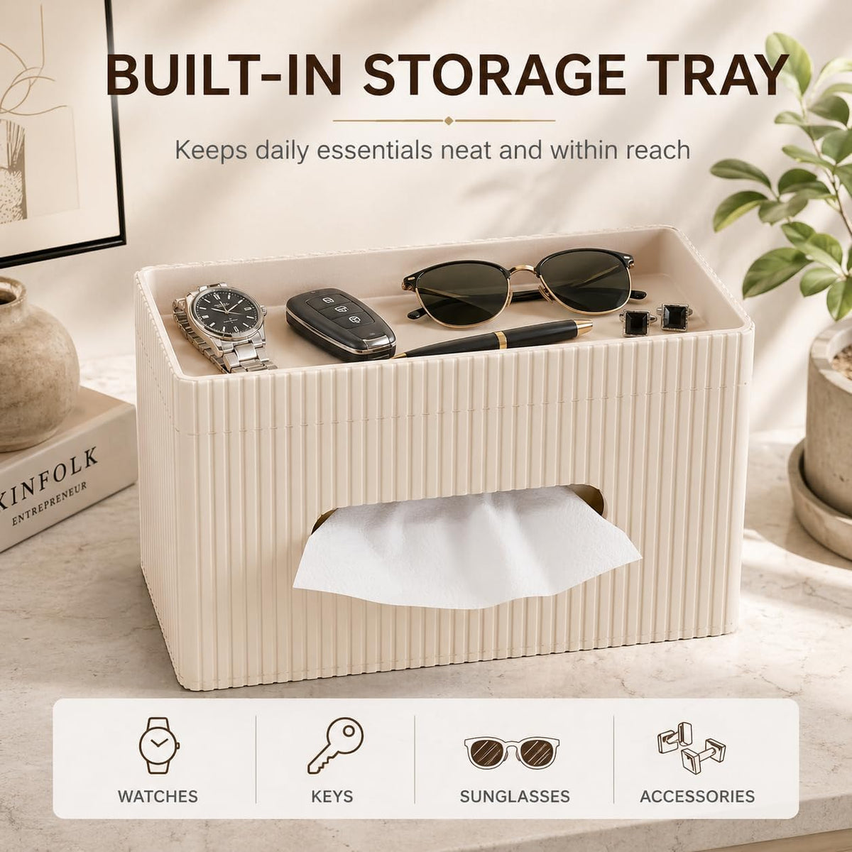 KINGFOM Ribbed PU Leather Tissue Box Cover with Storage Tray, Rectangular Facial Tissue Holder for Bathroom Vanity, Nightstand & Office Desk, Modern Decorative Tissue Dispenser (Warm Beige)