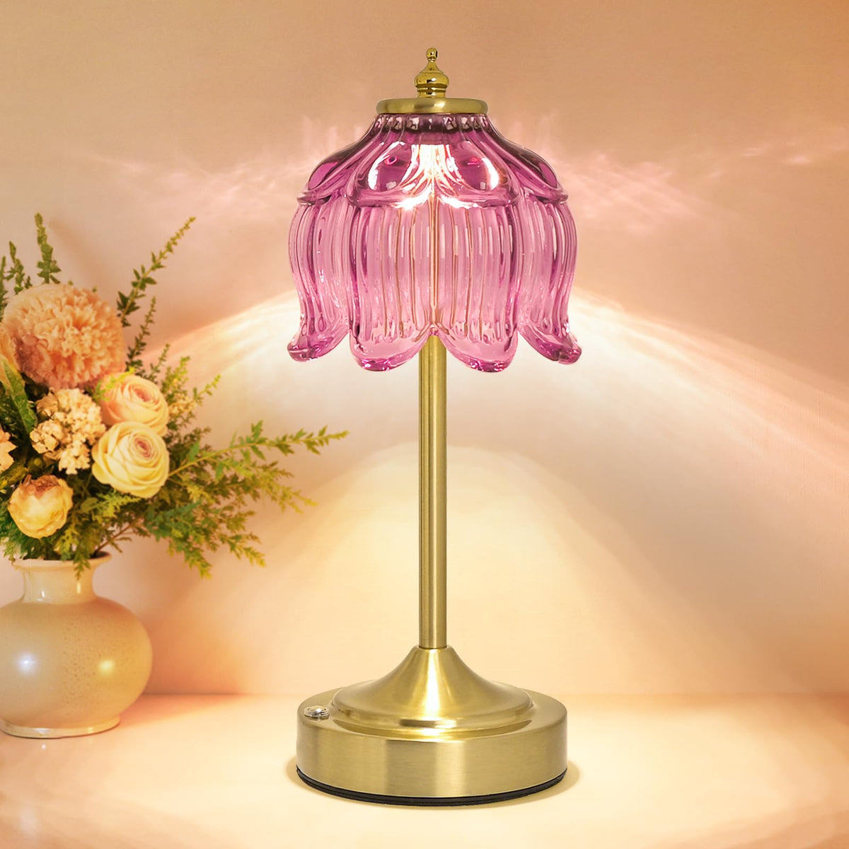 Cordless Table Lamp, Rechargeable Amber Glass Lotus Flower Lamp
