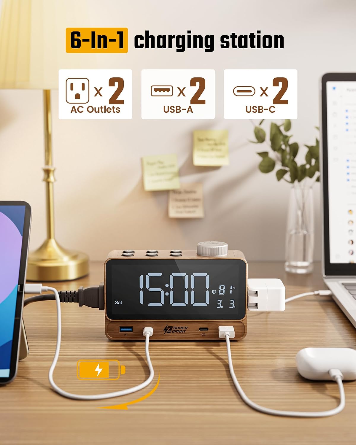 SUPERDANNY Alarm Clock with PD 20W, 4 USB Ports, Power Strip 2AC Outlets