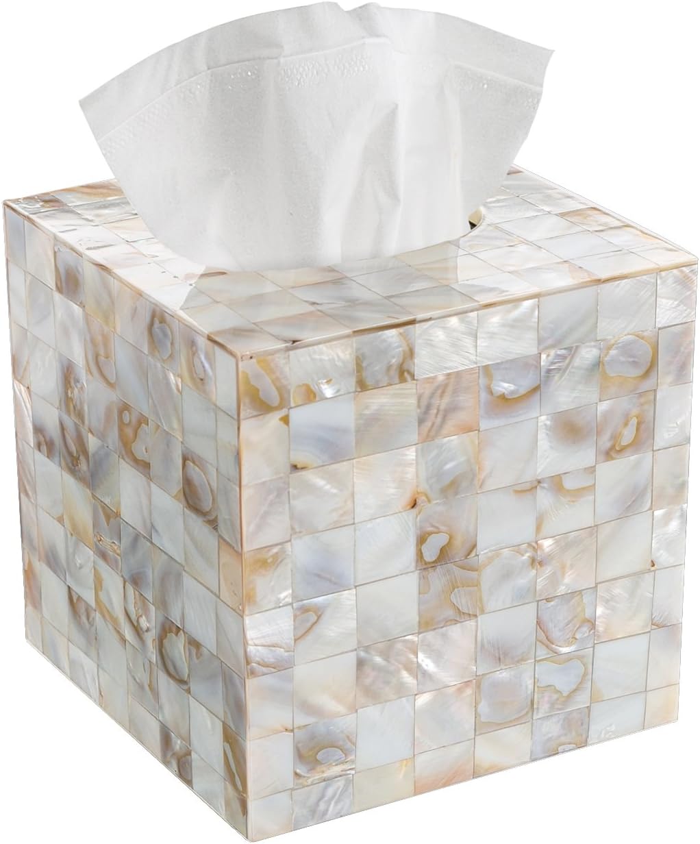 Milano Mother of Pearl Square Resin Tissue Box Cover with Bottom Slider