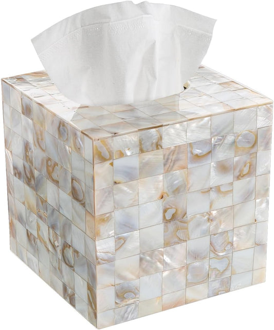 Milano Mother of Pearl Square Resin Tissue Box Cover with Bottom Slider