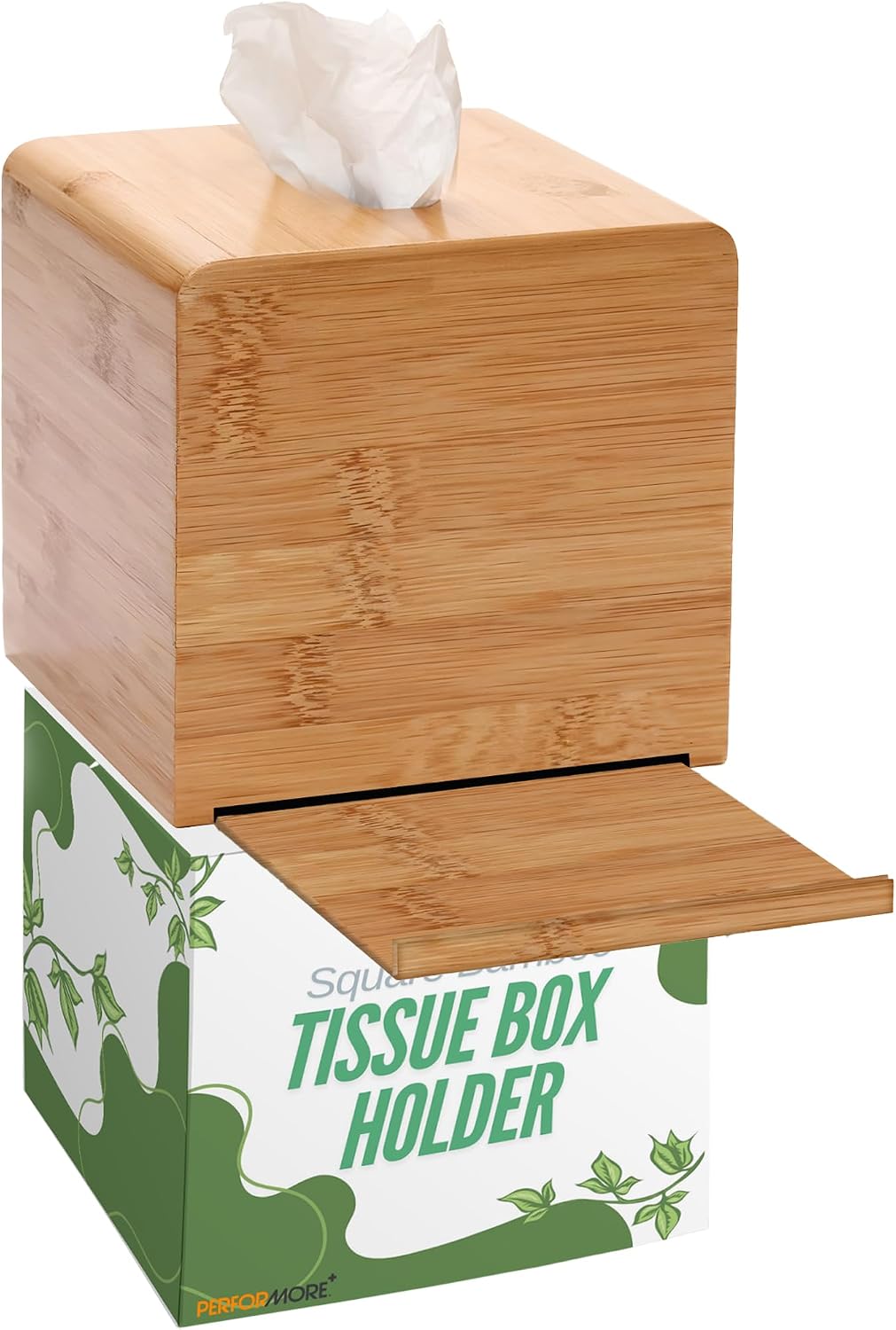 Performore Square Bamboo Tissue Box Cover - Stylish Water-Resistant Wooden Facial Tissue Holder for Bathroom, Office Desk & Nightstand - Compact 6.3" x 5.51" x 5.51" Design