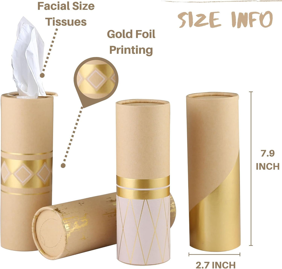 Car Tissue Holder with 3-ply Facial Tissues Bulk - 4 PK - Gold Foil Tissues Cylinder for Car Cup Holder, Travel Tissues, Refill Tissue Box Round Container Kraft