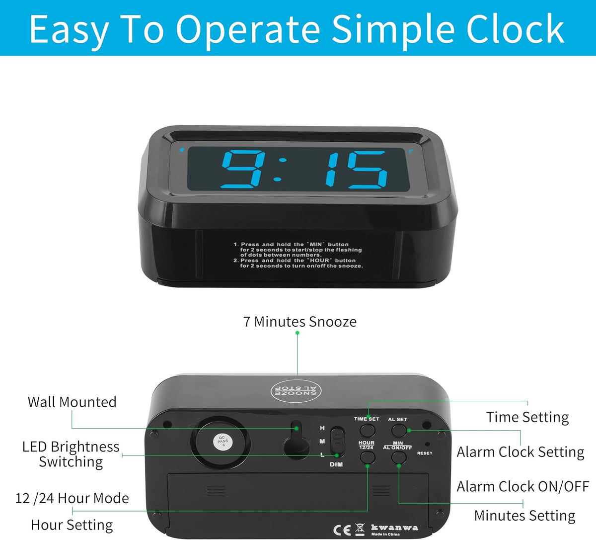 Alarm Clock,1.2'' LED,Cordless,Battery Powered,Snooze,Table-top/Wall-mount