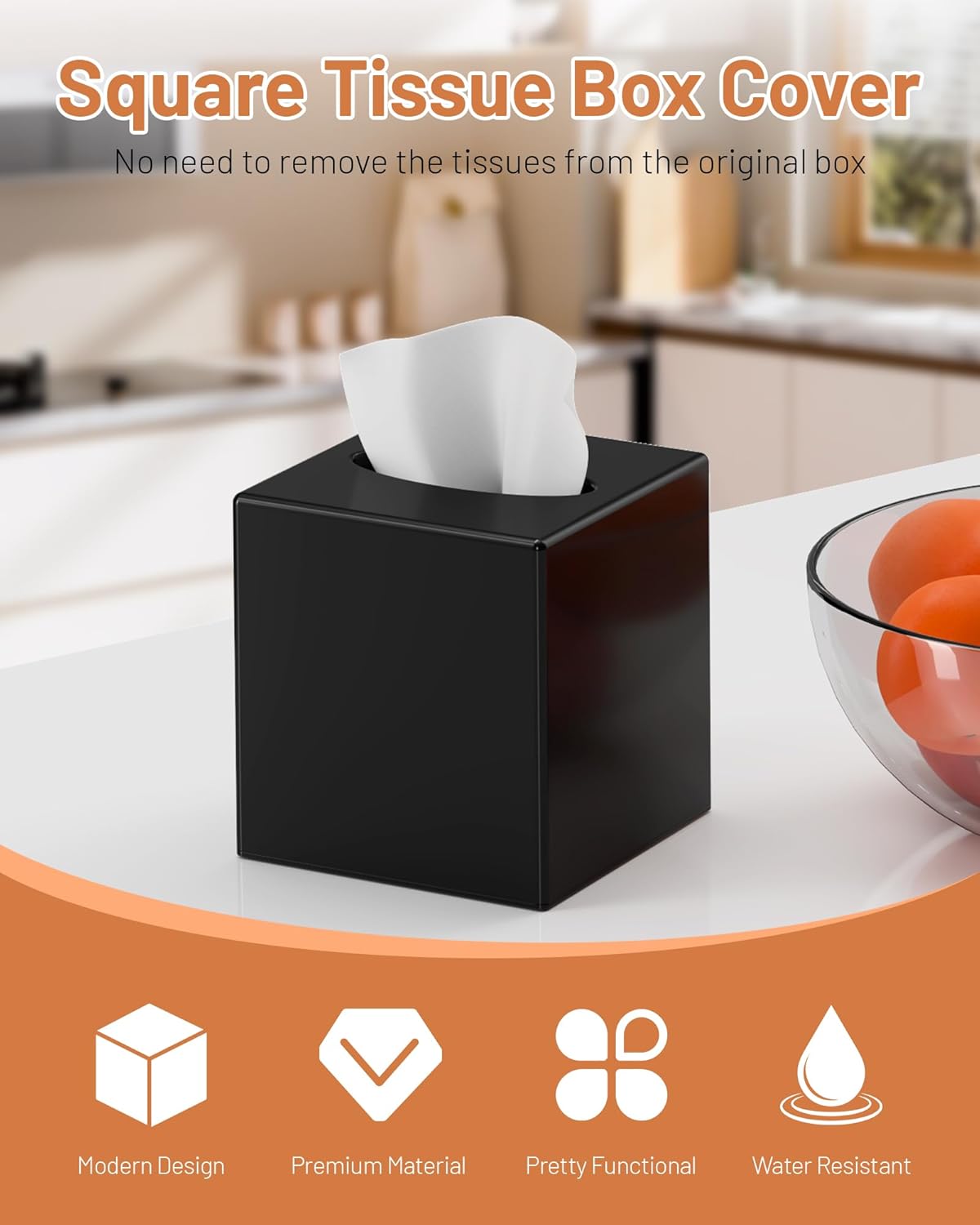 Tissue Box Cover, Square Plastic Tissue Box Holder with Anti Slip Base, Modern Decor Facial Napkin Holder for Bathroom Vanity Countertop, Bedroom Dresser, Night Stand, Parlors, Offices, Black