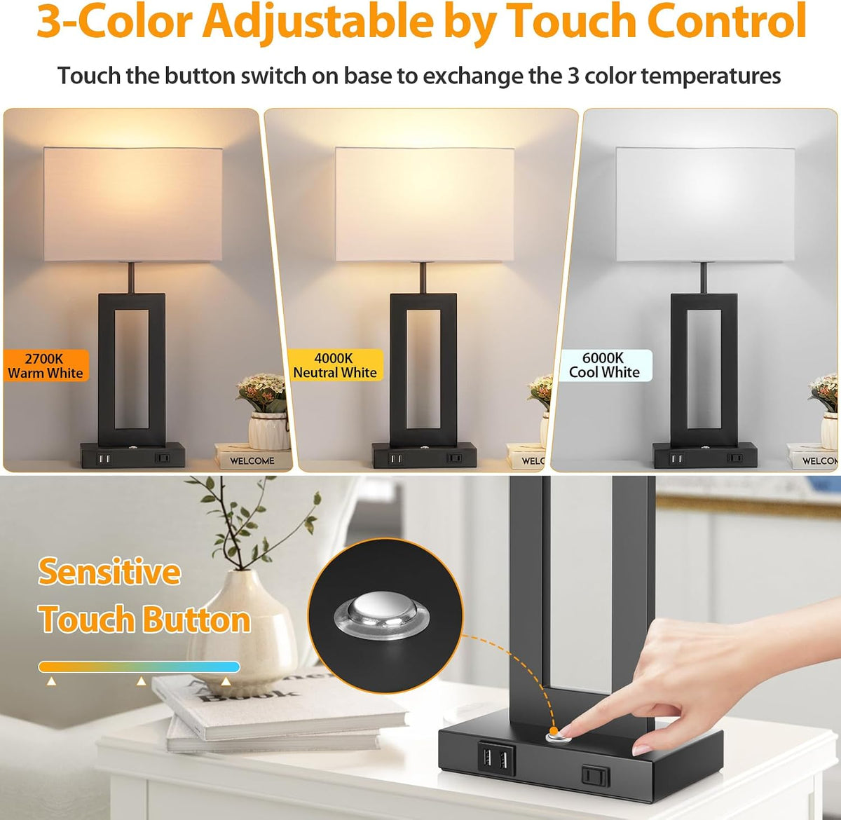 22’’ Touch Control Bedside Nightstand Lamps, Modern Table Lamps Set of 2