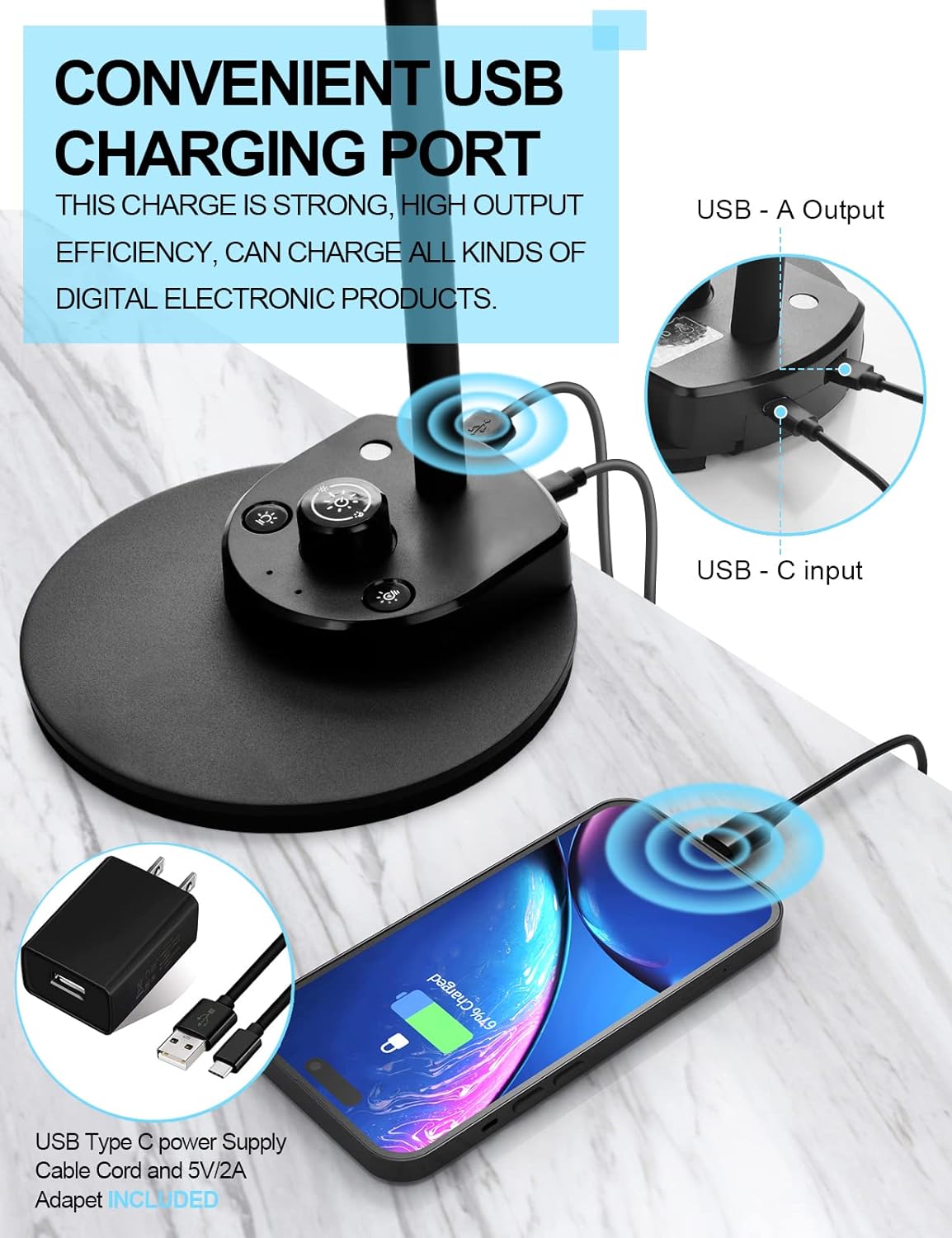 BOHON LED Desk Lamp with USB Charging Port 3 Color Modes Dimmable, Black