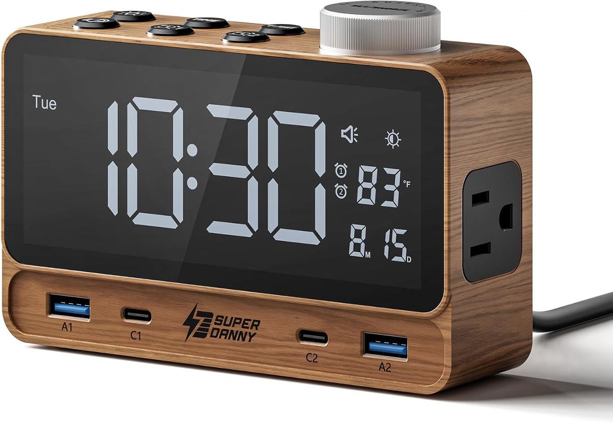 SUPERDANNY Alarm Clock with PD 20W, 4 USB Ports, Power Strip 2AC Outlets