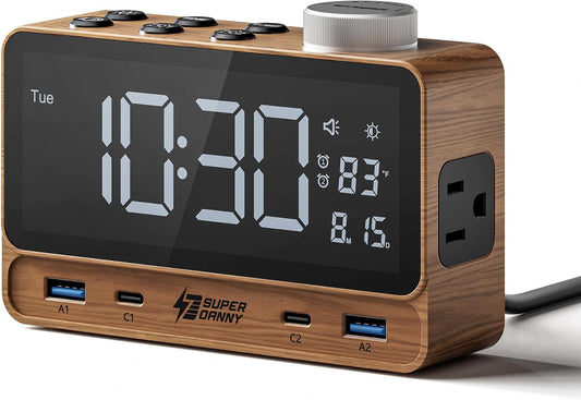 SUPERDANNY Alarm Clock with PD 20W, 4 USB Ports, Power Strip 2AC Outlets