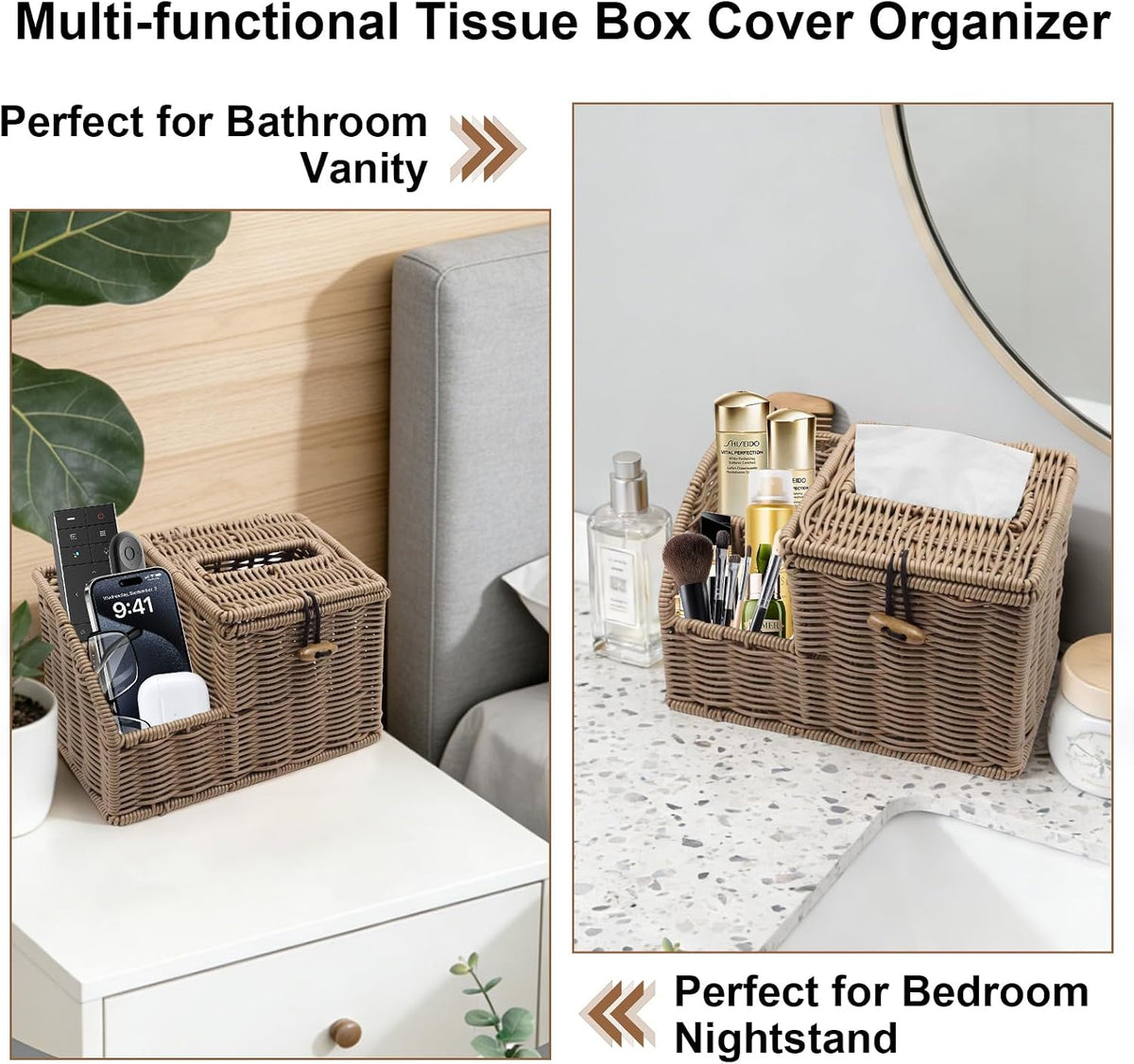 Woven Tissue Box Cover Square, Tissue Box Holder, Tissue Box Cover with Storage, Tissue Box Holder Remote Organizer, Bedside Nightstand Organizer for Bedroom/Bathroom/Office/Kitchen Countertop