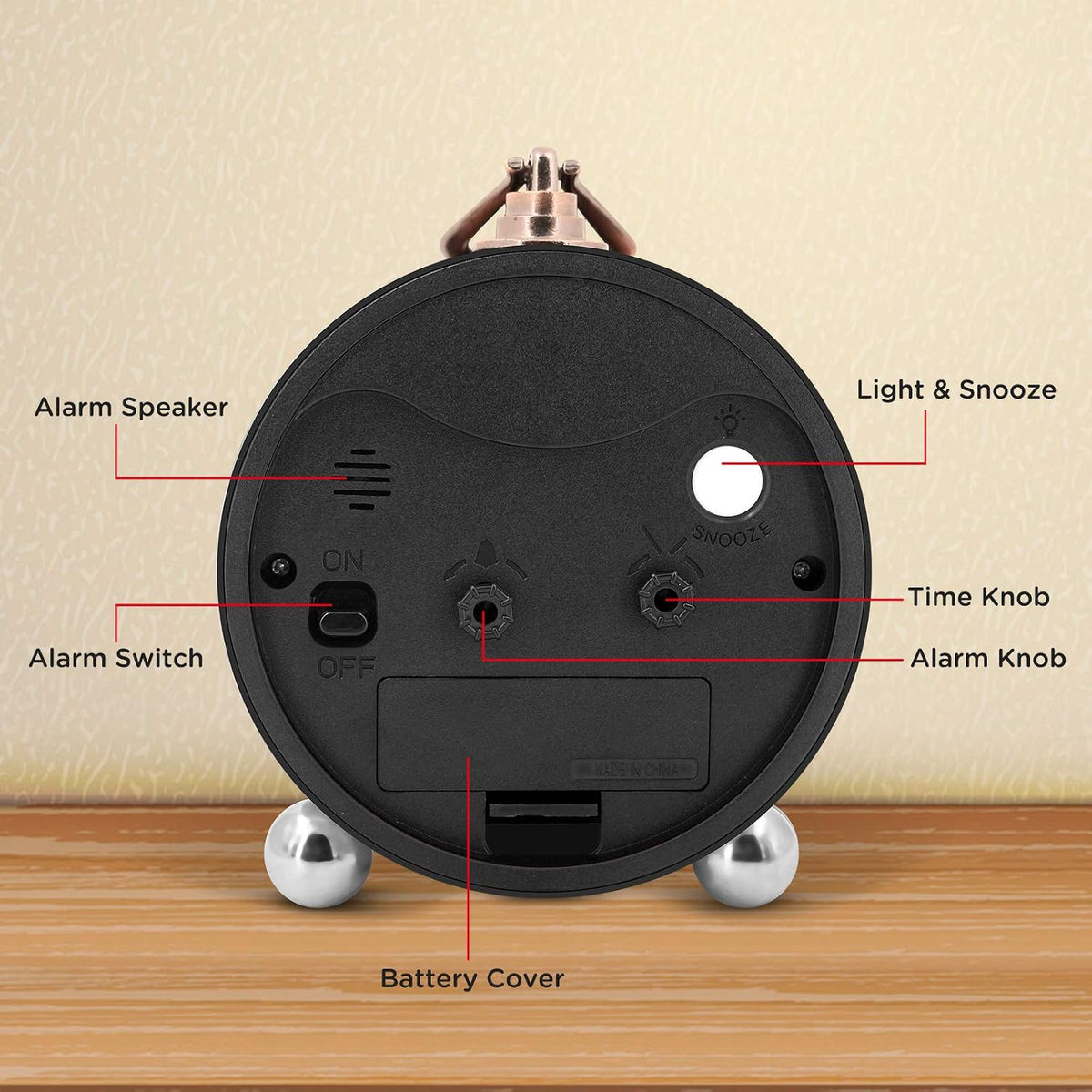 Peakeep 4" Small Battery Operated Analog Alarm Clock, Antique Retro Style