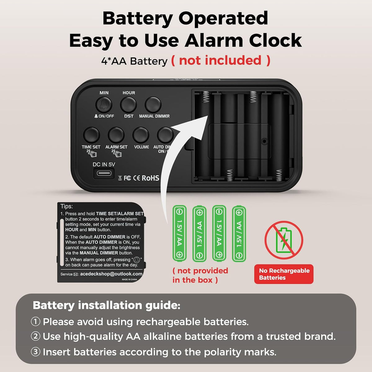 Acedeck Battery Operated Alarm Clock for Bedroom Travel with Large Numbers