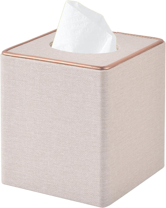 Linen Square Tissue Box Cover,Cube Tissue Box Holder－Excellent Rosegold Leather Decoration,Table Napkin Case Dispenser,Facial Tissues Organizer with Magnetic Bottom for Home Office Car(Beige)
