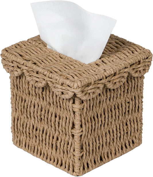 CubesLand Square Wicker Tissue Box Cover W/Scalloped Lid for Home Decor