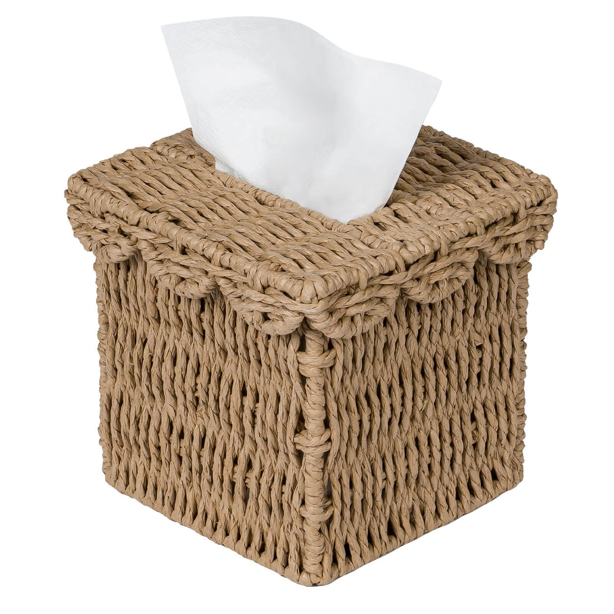 CubesLand Square Wicker Tissue Box Cover W/Scalloped Lid for Home Decor