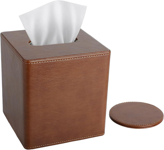 LAMOTI PU Leather Tissue Box Cover Square with Matching 4" Coaster