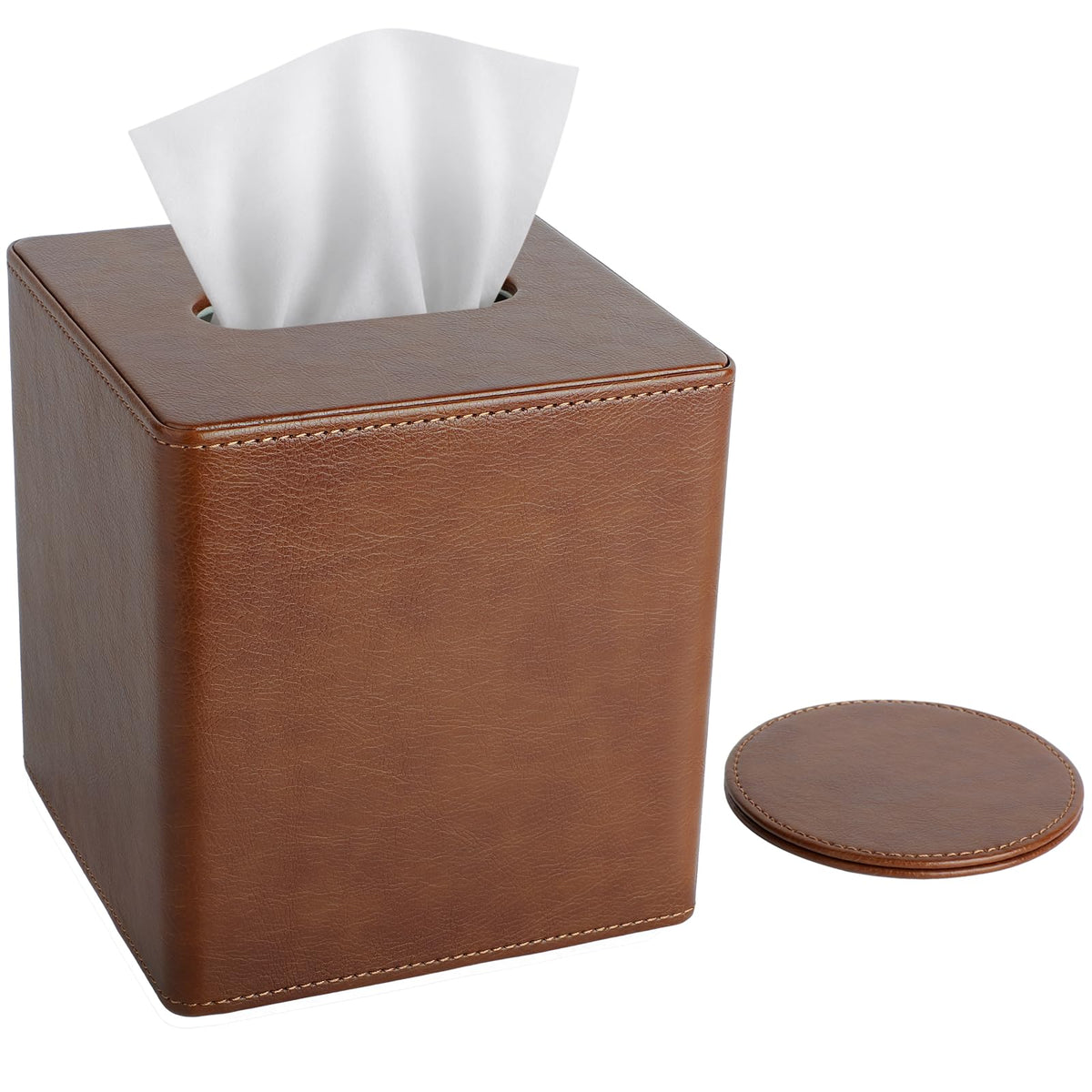 LAMOTI PU Leather Tissue Box Cover Square with Matching 4" Coaster