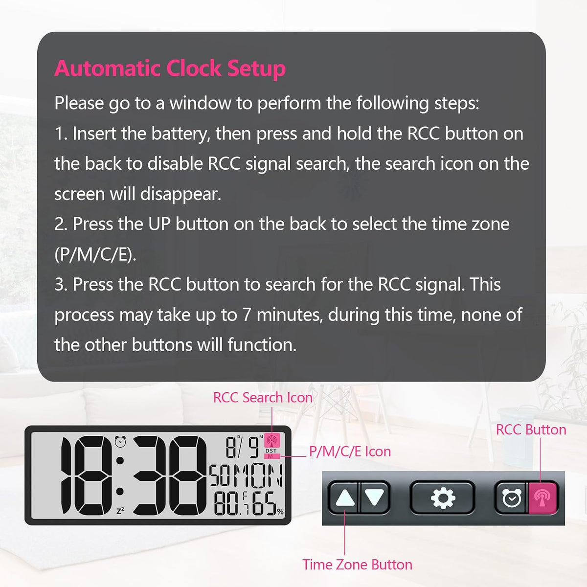 Digital LCD Atomic Desktop Clock, 7.8" Screen with Time, Date, Temperature, Humidity, Alarm, Snooze, DST, Time Zone for Home, Office (No Backlight)
