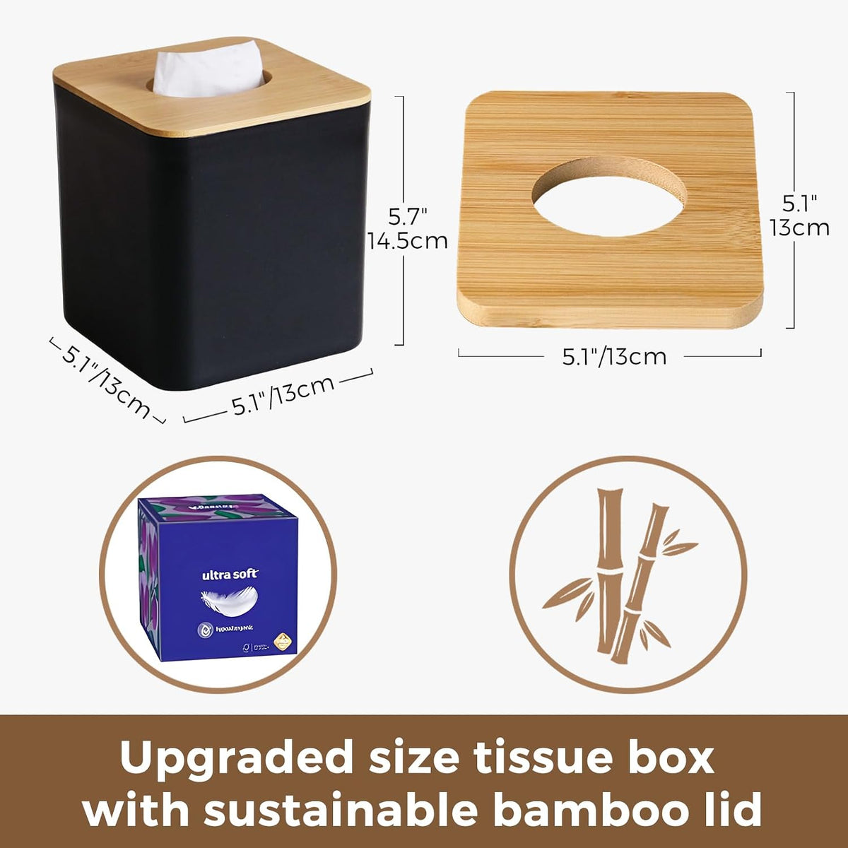 Tissue Box Cover Square, Modern Black Facial Tissue Holder with Bamboo Lid