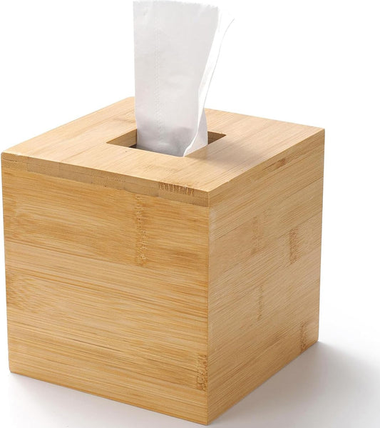 Bamboo Tissue Box Cover, Square Wood Tissue Box Holder, Wooden Facial Paper Holder for Bathroom, Bedroom, Dinner Table, Office (Square - 1 Pack)