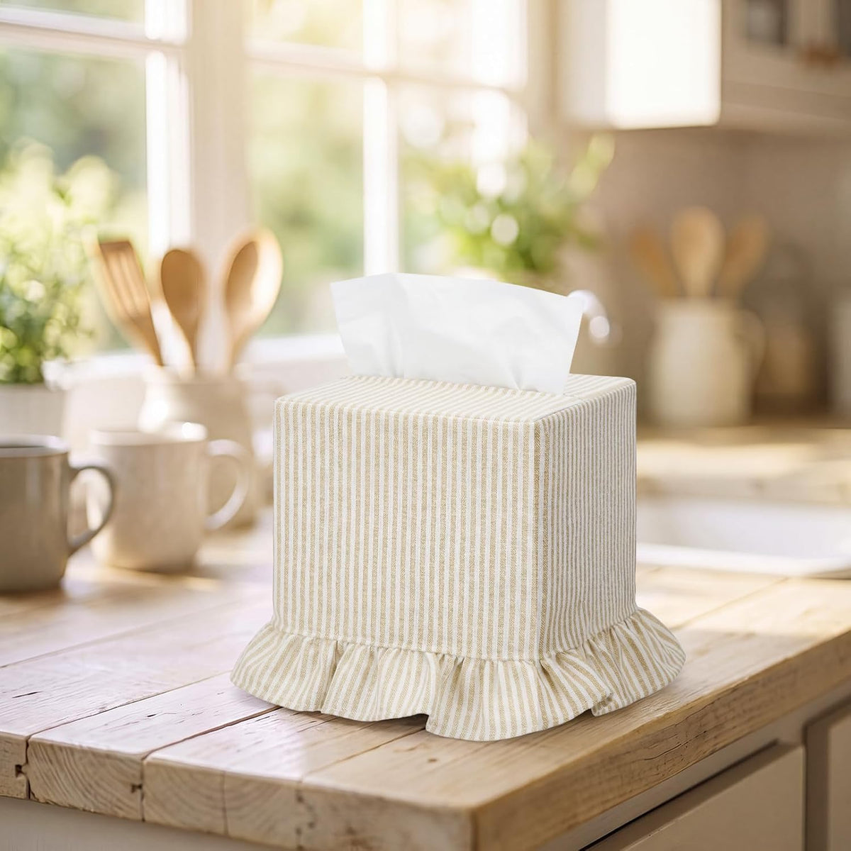 Sawysine Cream Striped Tissue Cover, Boho Ruffled Square Box Holder