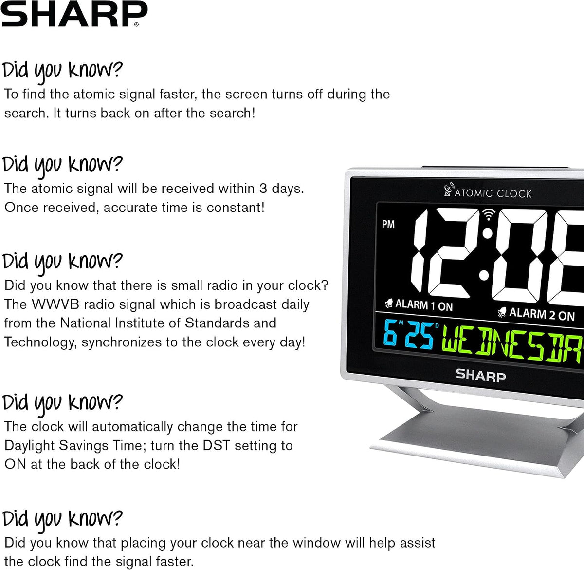 Sharp Atomic Alarm Clock, Auto Set, Color Display, Dual Alarm, Calendar