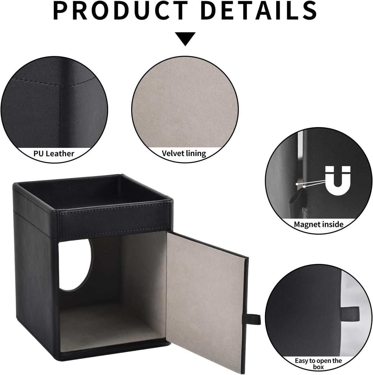 Tissue Box Cover Square Tissue Box Holder PU Leather Facial Tissues Organizer with Storage Tray for Bathroom Vanity Bedroom Office Car, Stylish Napkin Caddy Decorative Organizer (Black)